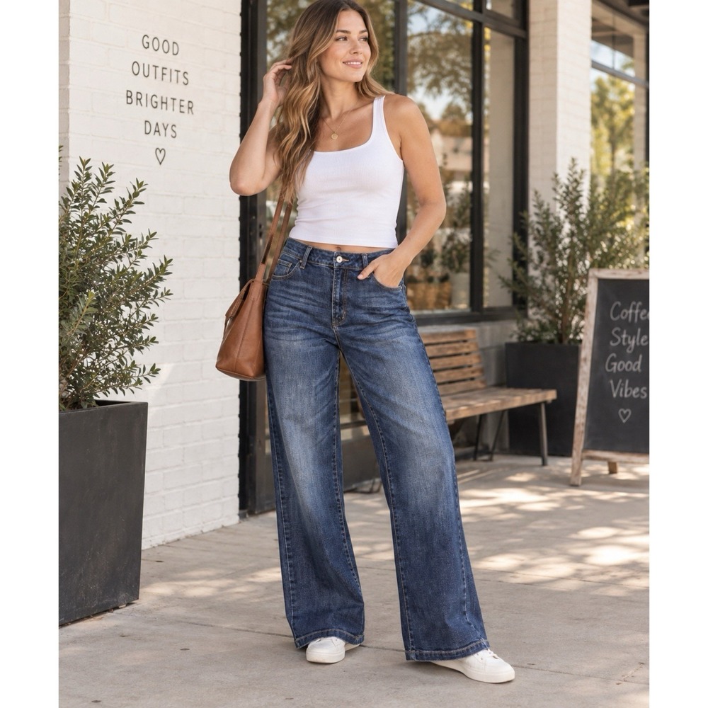 KanCan Jeans Size 31 Dark Wash High Rise Trouser Wide Leg Flare Stretch Denim